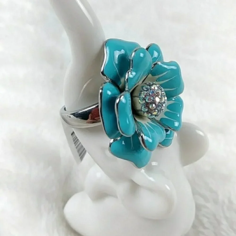 Blue Flower Statement Chunky Ring Stainless Steel Nickel Free Hypoallergenic